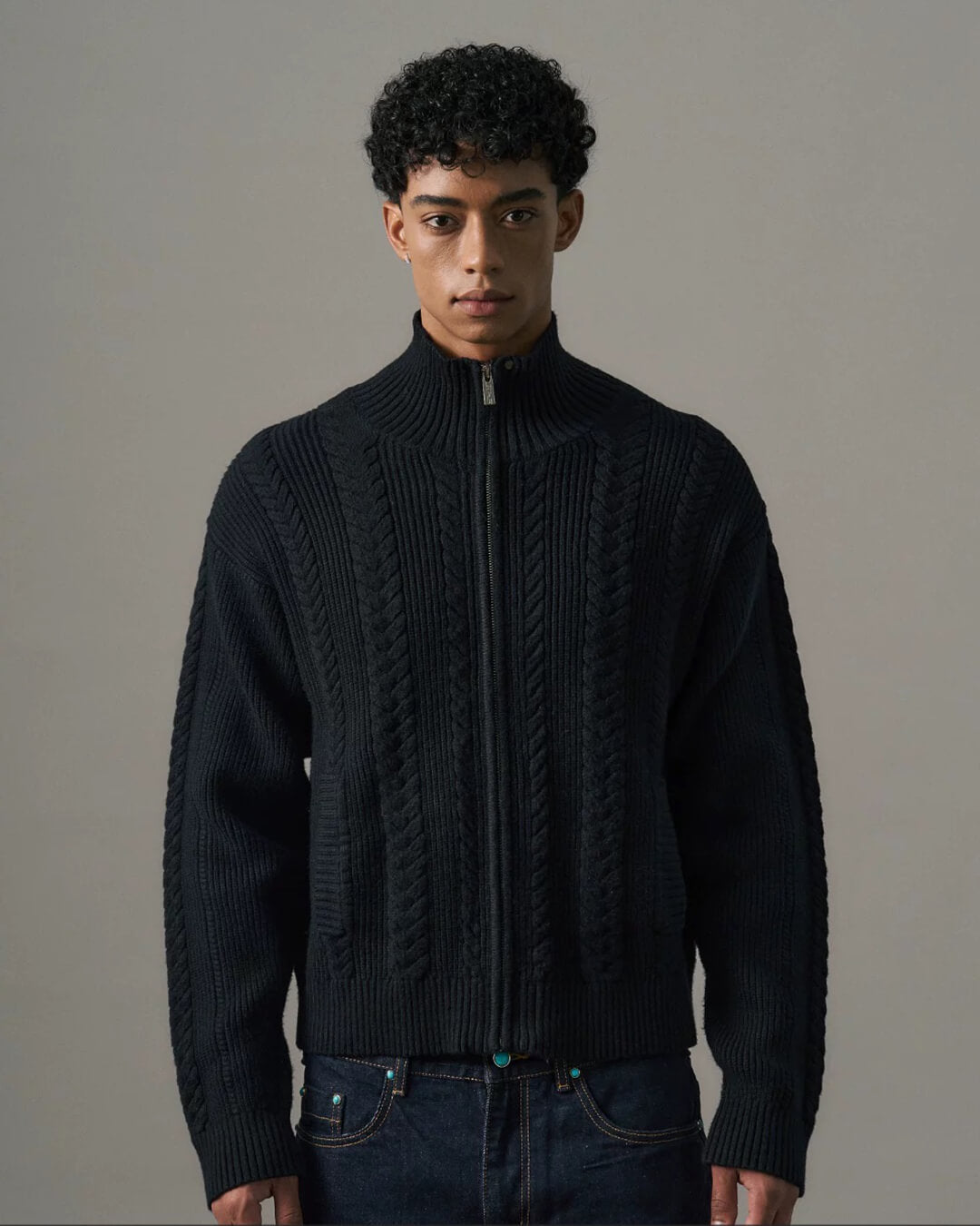 S45 Turquoise Studded Twisted Knit Zip Up Cardigan | Face 3 Face