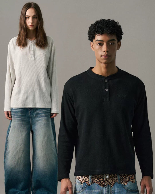 S45 Waffle Henley Neck Long Sleeve Tee | Face 3 Face