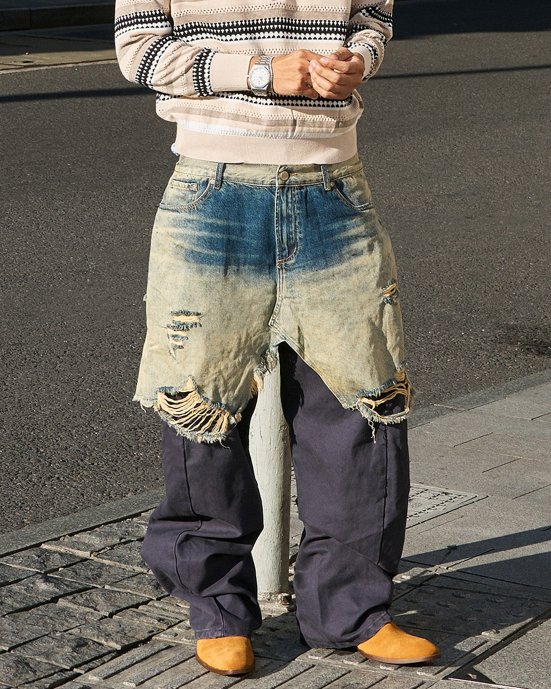 STEEPC Layered Design Washed Distressed Baggy Jeans | Face 3 Face
