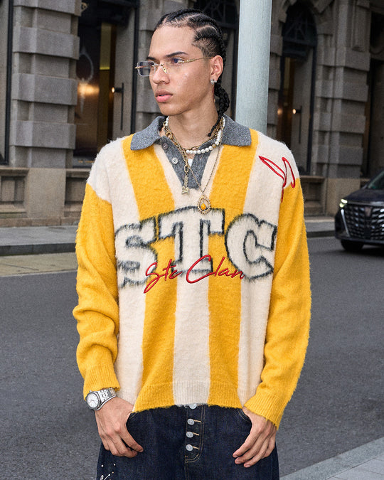 STEEPC Vertical Stripe Brushed Knit Polo Sweater | Face 3 Face