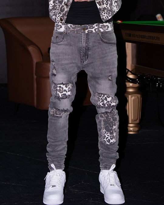 TGFCLUB Leopard Patch Washed Distressed Slim Fit Jeans | Face 3 Face