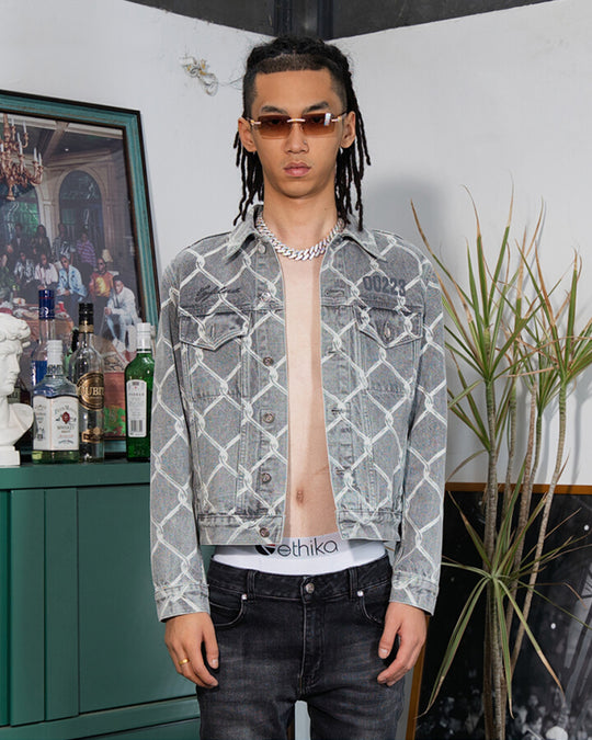 TGFCLUB Chain Link Full Print Washed Slim Denim Jacket | Face 3 Face