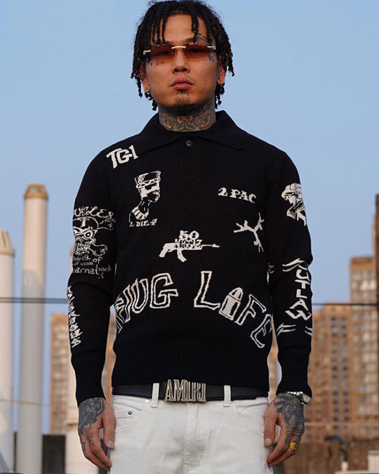 TGFCLUB 2PAC Tattoo Slim Fit Polo Knit Sweater | Face 3 Face