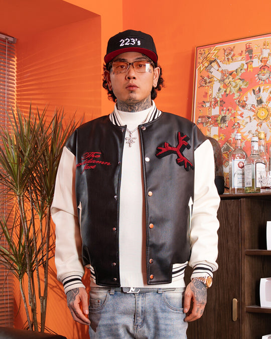 TGFCLUB Goat Embroidered PU Leather Varsity Jacket | Face 3 Face