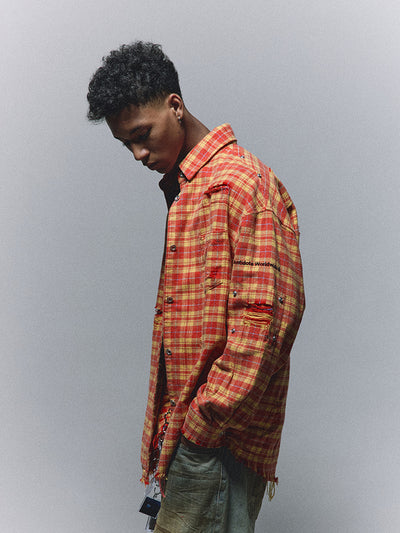 ANTIDOTE Destroyed Studded Plaid Long Sleeve Shirt | Face 3 Face