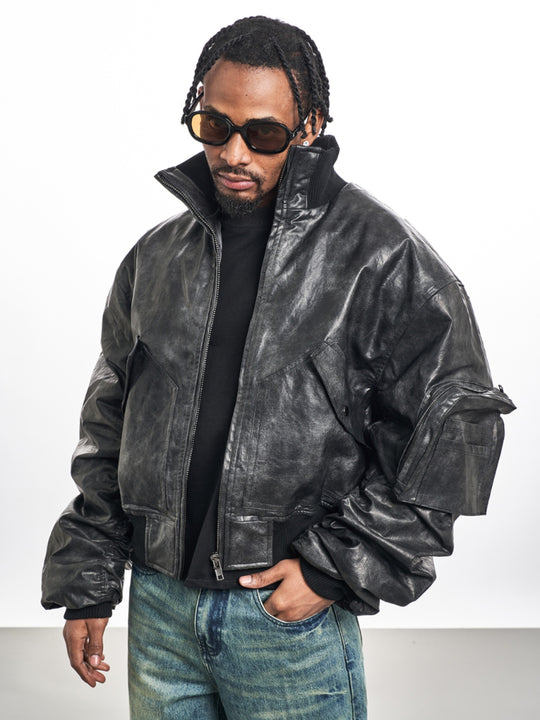 F3F Select Big Arm Pockets PU Leather MA-1 Bomber Jacket | Face 3 Face
