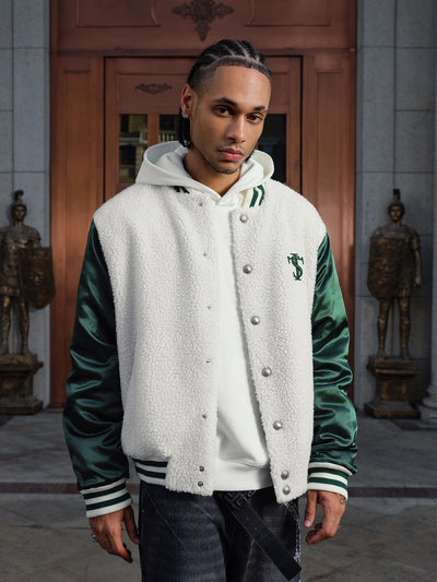 Small Town Kid Sherpa Fleece Patchwork Varsity Jacket | Face 3 Face