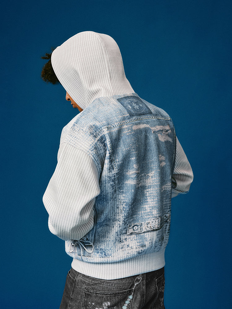 YADcrew Stripped Denim Wool Textured Print Hooded Jacket | Face 3 Face