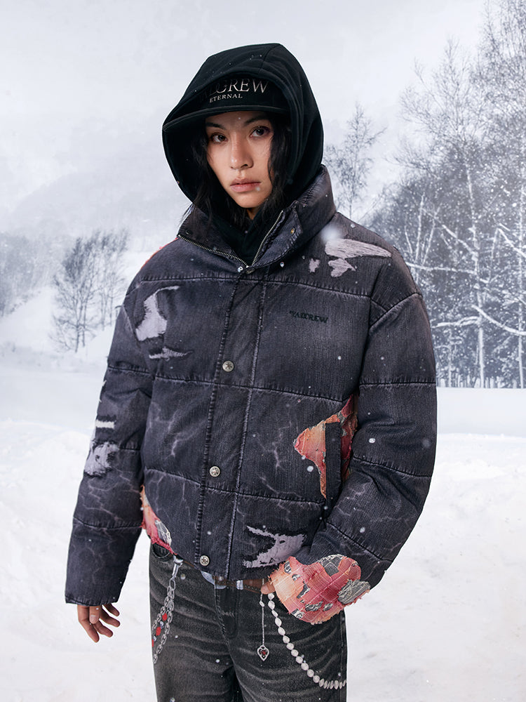 YADcrew Evening Lace Patch 3D Printed Denim Down Jacket | Face 3 Face