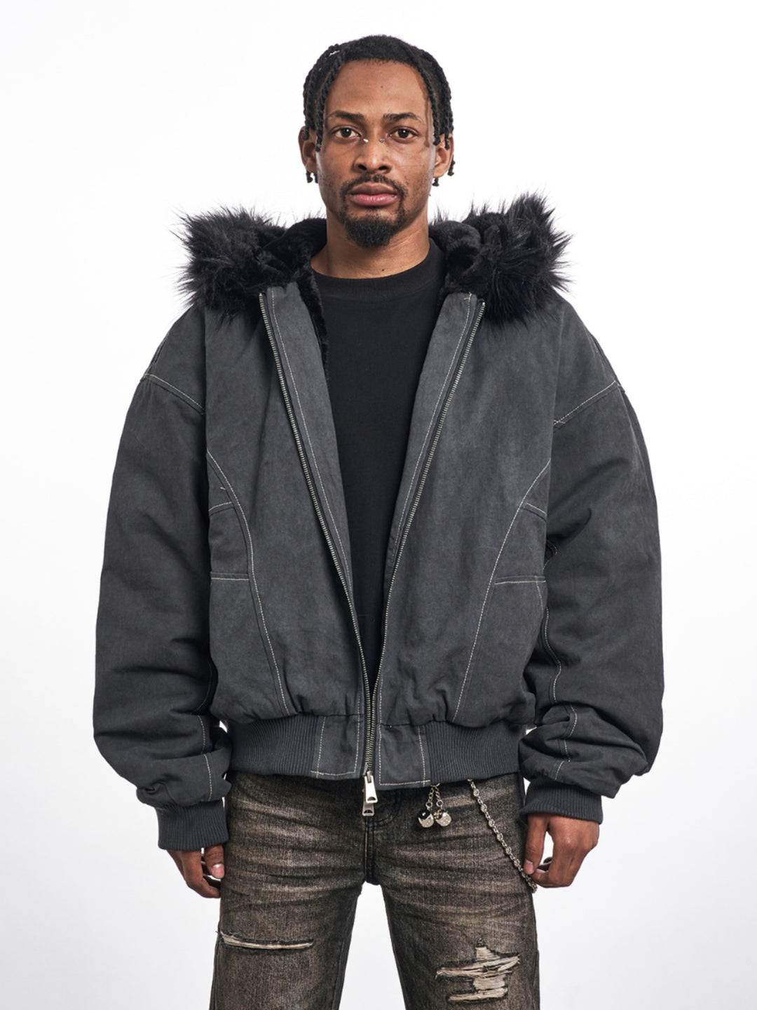 F3F Select Washed Deconstruction Fur Hooded Bomber Jacket | Face 3 Face