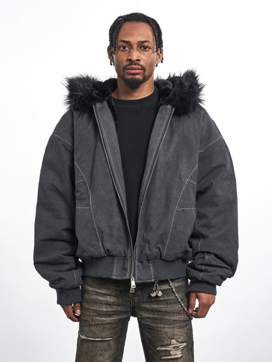F3F Select Washed Deconstruction Fur Hooded Bomber Jacket | Face 3 Face