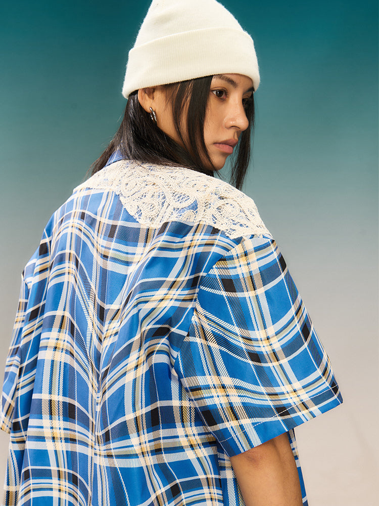 YADcrew Twisted Plaid Lace Splicing Short Sleeve Shirt | Face 3 Face