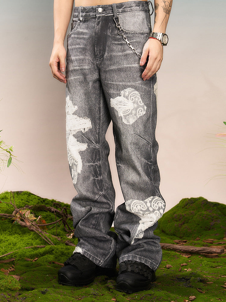 YADcrew Lace Splicing Digital Print Pants Non Jeans | Face 3 Face