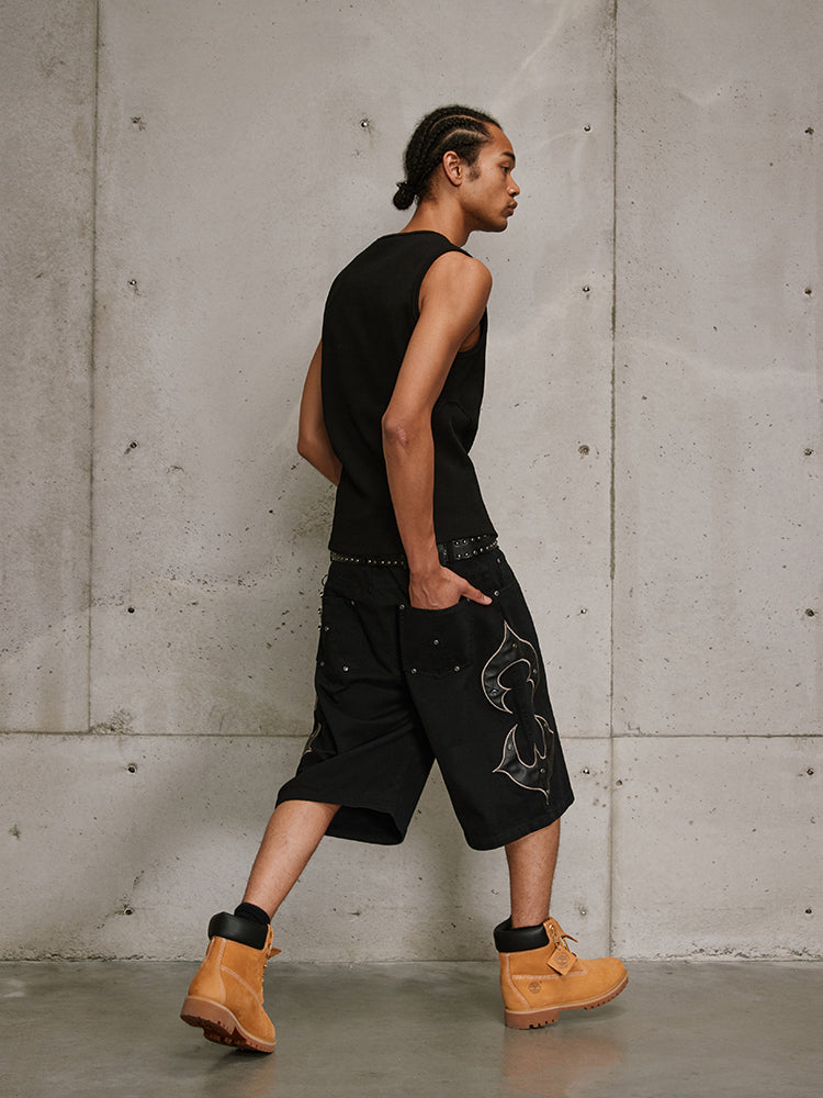 ANTIDOTE Leather Embroidered Studs Shorts Denim Jeans