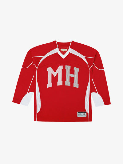 MHARF Logo Printed Red Patchwork Mesh Hockey Jersey | Face 3 Face