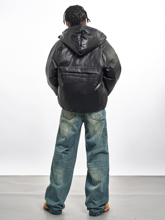 F3F Select Windproof Hooded PU Leather Puffer Bomber Jacket | Face 3 Face