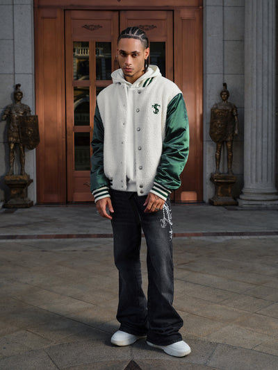 Small Town Kid Sherpa Fleece Patchwork Varsity Jacket | Face 3 Face