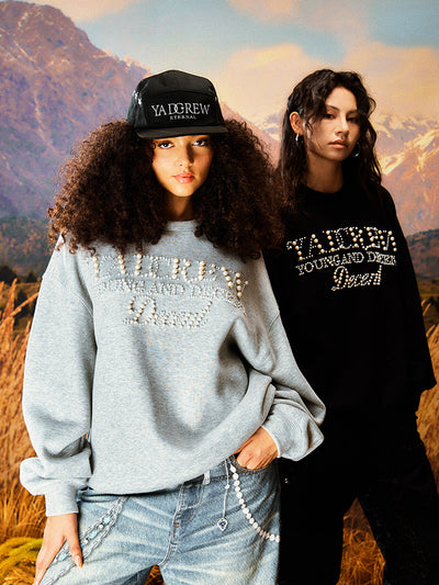 YADcrew Pearl Beadwork Text Typography Sweatshirt | Face 3 Face