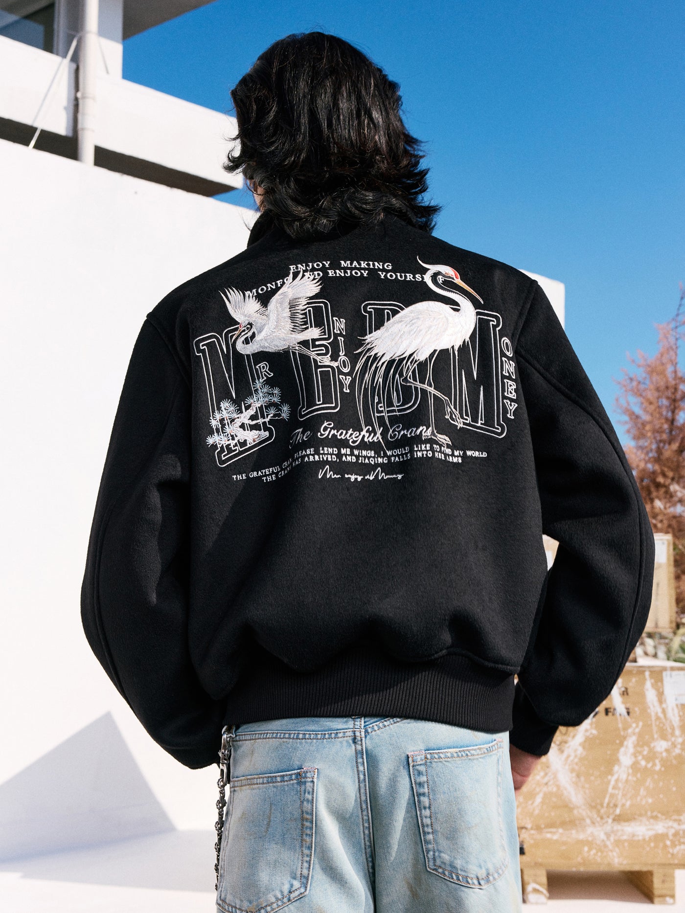 MEDM Crane Embroidery Varsity Jacket | Face 3 Face