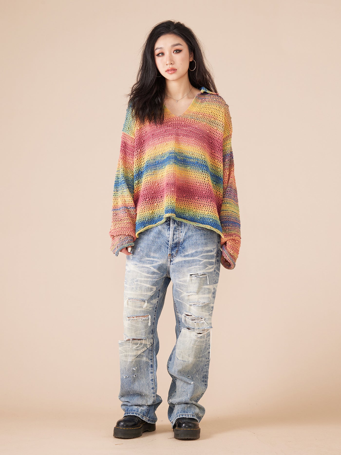 EVILKNIGHT(EK) Rainbow Dyeing Drum Wave Knit Sweater