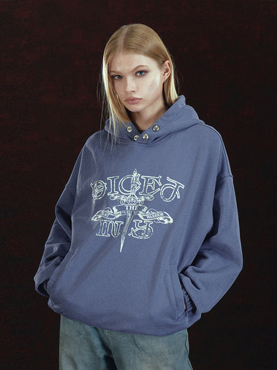 DICETINY Metal Studs Button Sword Printed Hoodie | Face 3 Face