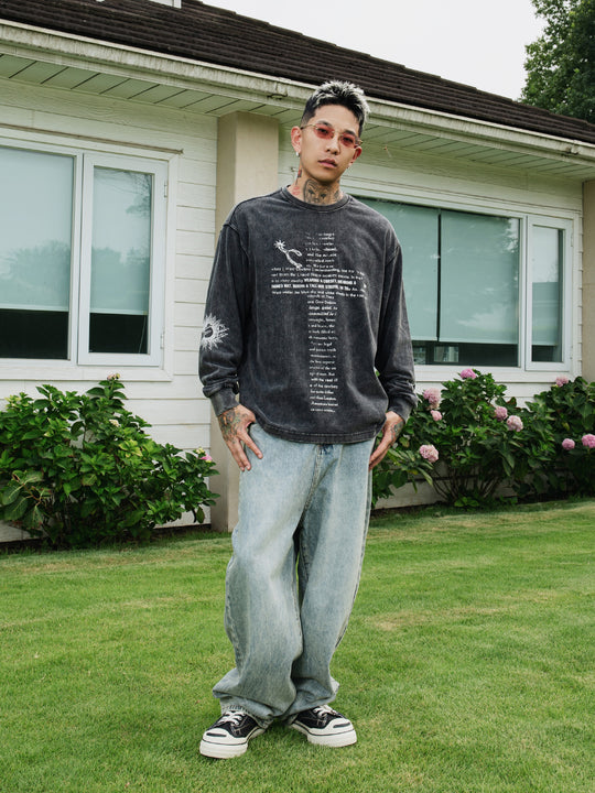 S45 Cross Pattern Printing Washed Long Sleeve Tee | Face 3 Face