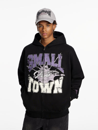 Small Town Kid Lacquered Arc Print Zip Up Hoodie | Face 3 Face