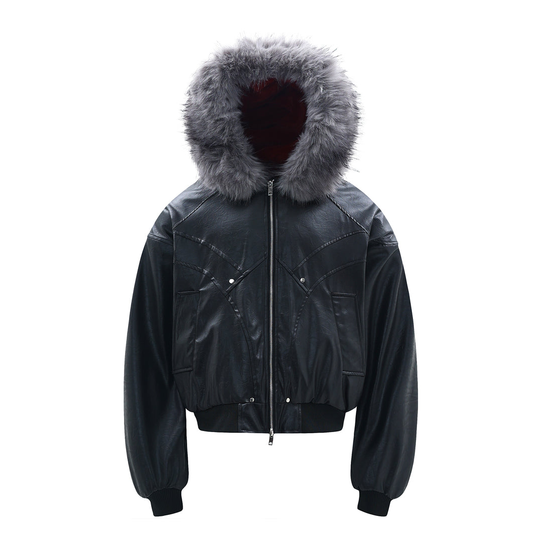 F3F Select Red Velvet Lining PU Leather Fur Hooded Bomber Jacket | Face 3 Face