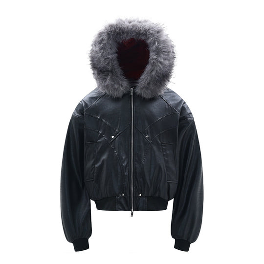 F3F Select Red Velvet Lining PU Leather Fur Hooded Bomber Jacket | Face 3 Face