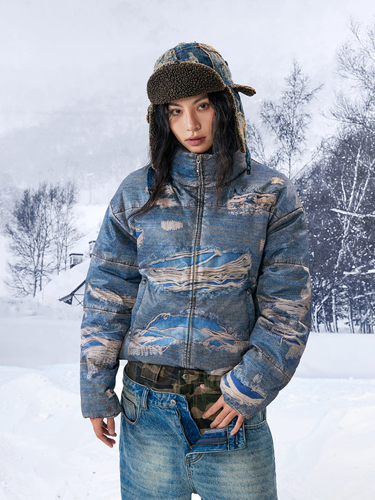 YADcrew Ragged Oil Denim Printed Down Jacket | Face 3 Face