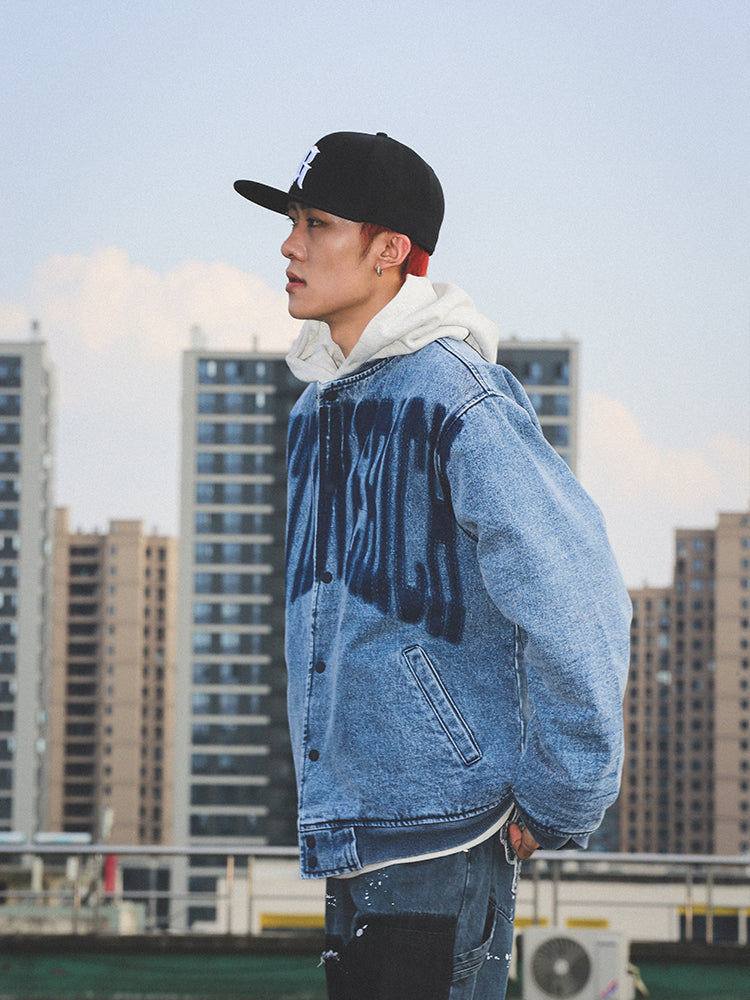 UNTILWERICH Washed Denim Aged Baseball Jacket | Face 3 Face