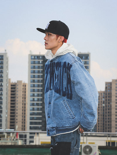 UNTILWERICH Washed Denim Aged Baseball Jacket | Face 3 Face