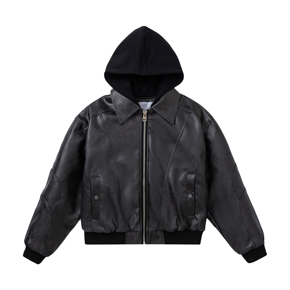 F3F Select PU Leather Hooded Fake Two Piece Jacket | Face 3 Face