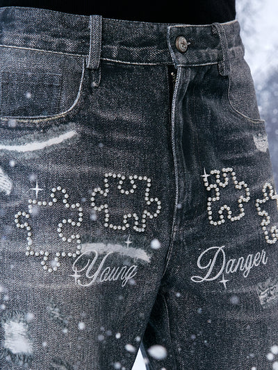 YADcrew Pearl Embroidery Jigsaw Print Jeans | Face 3 Face