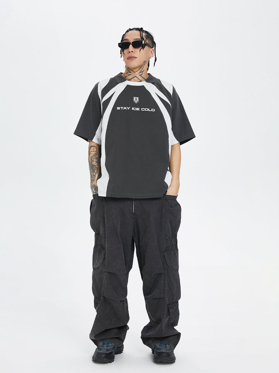 F2CE Deconstruction Stitching Contrast Color Printing Sports Polo Shirt