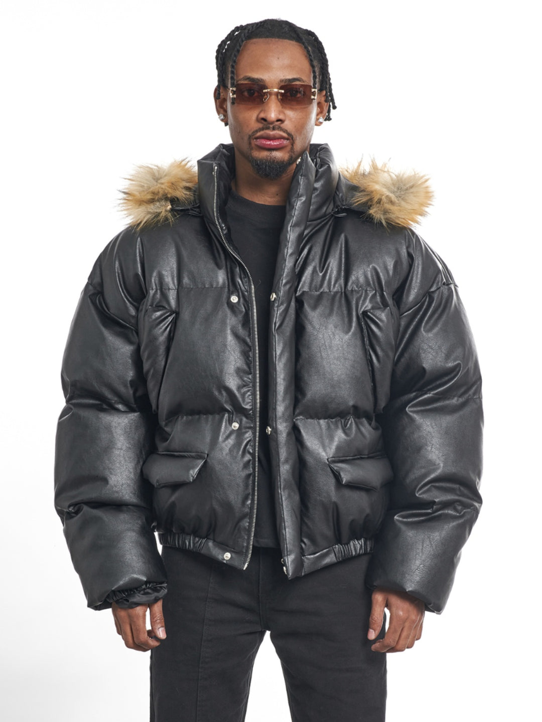 F3F Select Fur Hooded Removable PU Leather Puffer Jacket | Face 3 Face