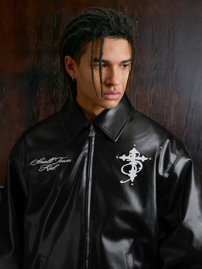 Small Town Kid Pearl Cross Logo PU Leather Racing Jacket | Face 3 Face