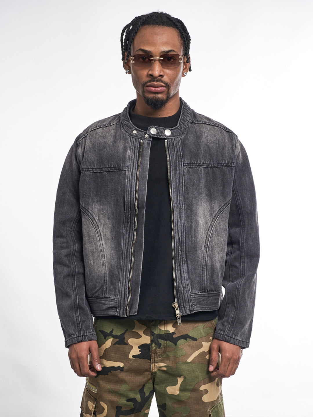 F3F Select Double Rivet Button Washed Denim Motorcycle Jacket | Face 3 Face