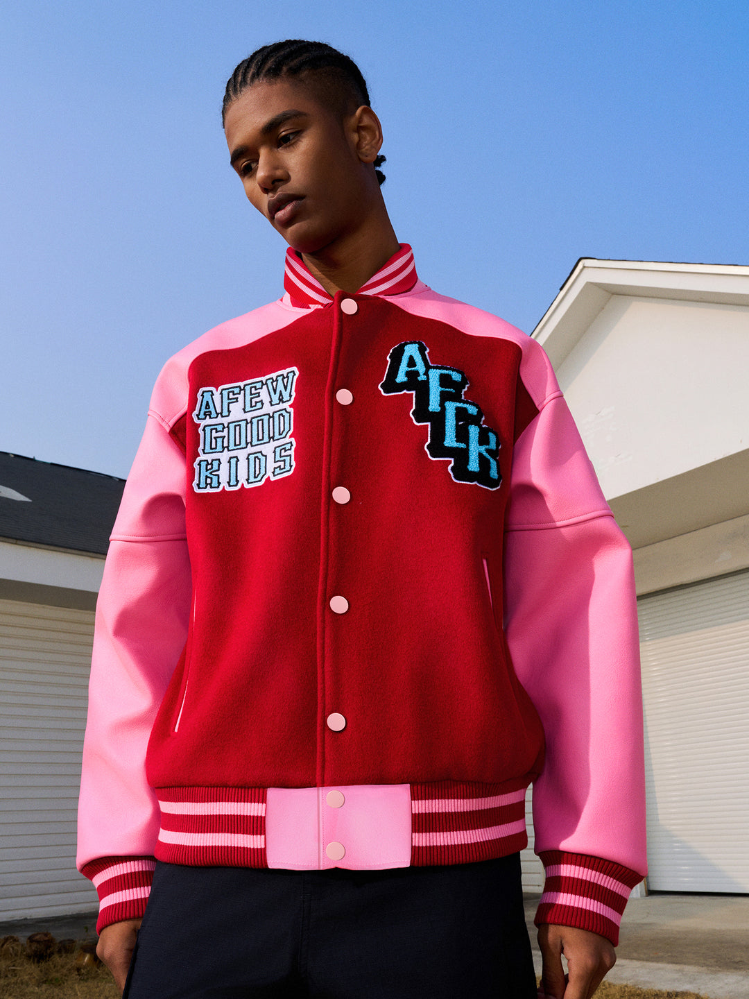 AFGK Angel Embroidery Color Blocking Lapel Baseball Jacket