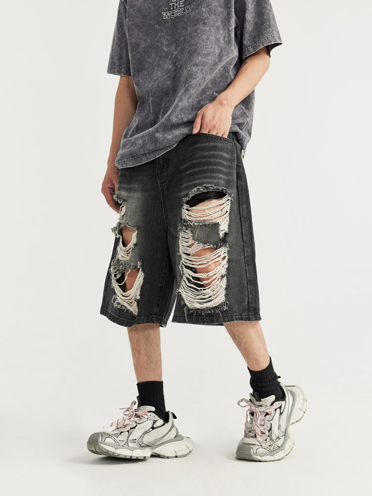 F3F Select Washed Black Broken Holes Denim Short Jeans