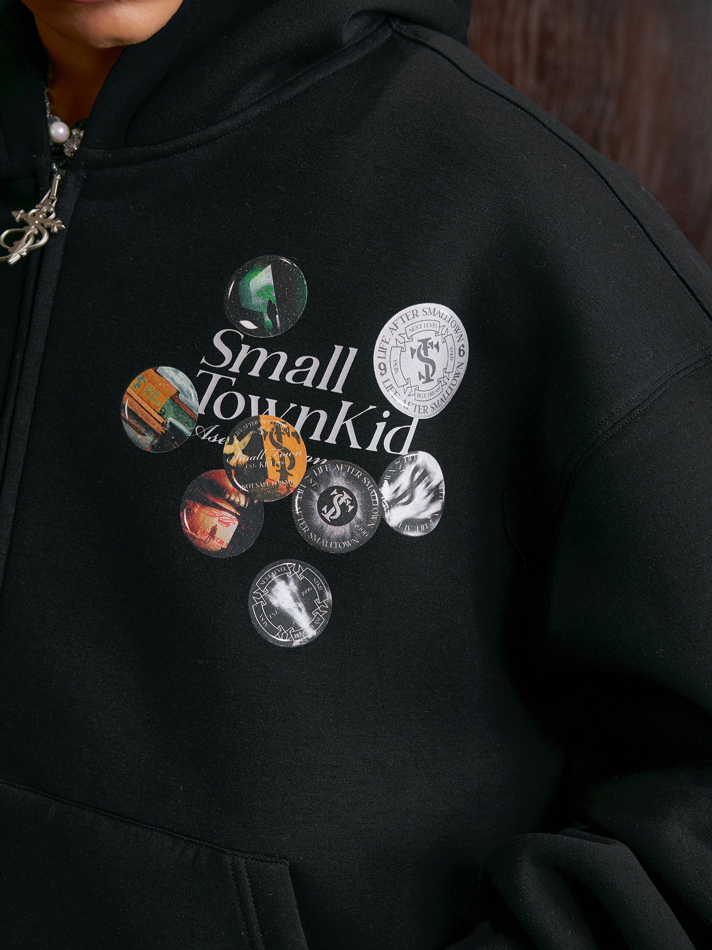 Small Town Kid Badge Logo Print Zip Up Hoodie | Face 3 Face