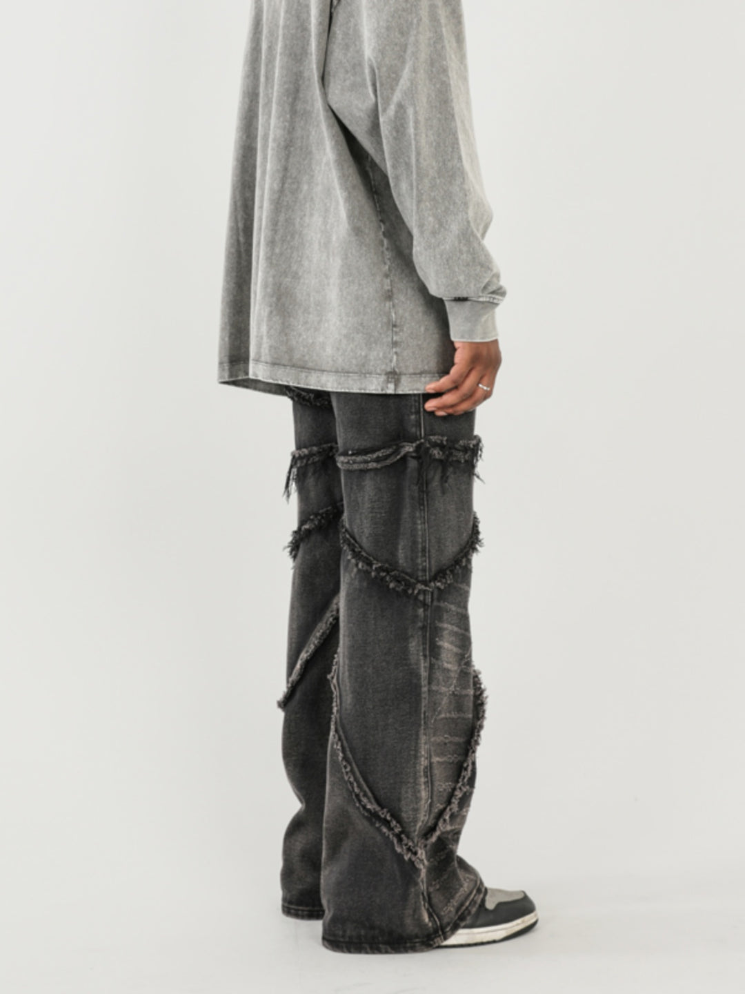 F3F Select Vintage Washed & Old Damaged Raw Edge Splicing Jeans