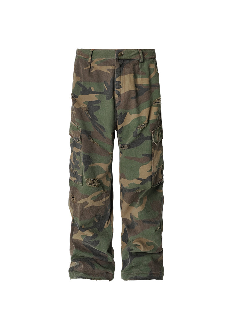 ANTIDOTE Camouflage Washed Hole Baggy Cargo Pants | Face 3 Face