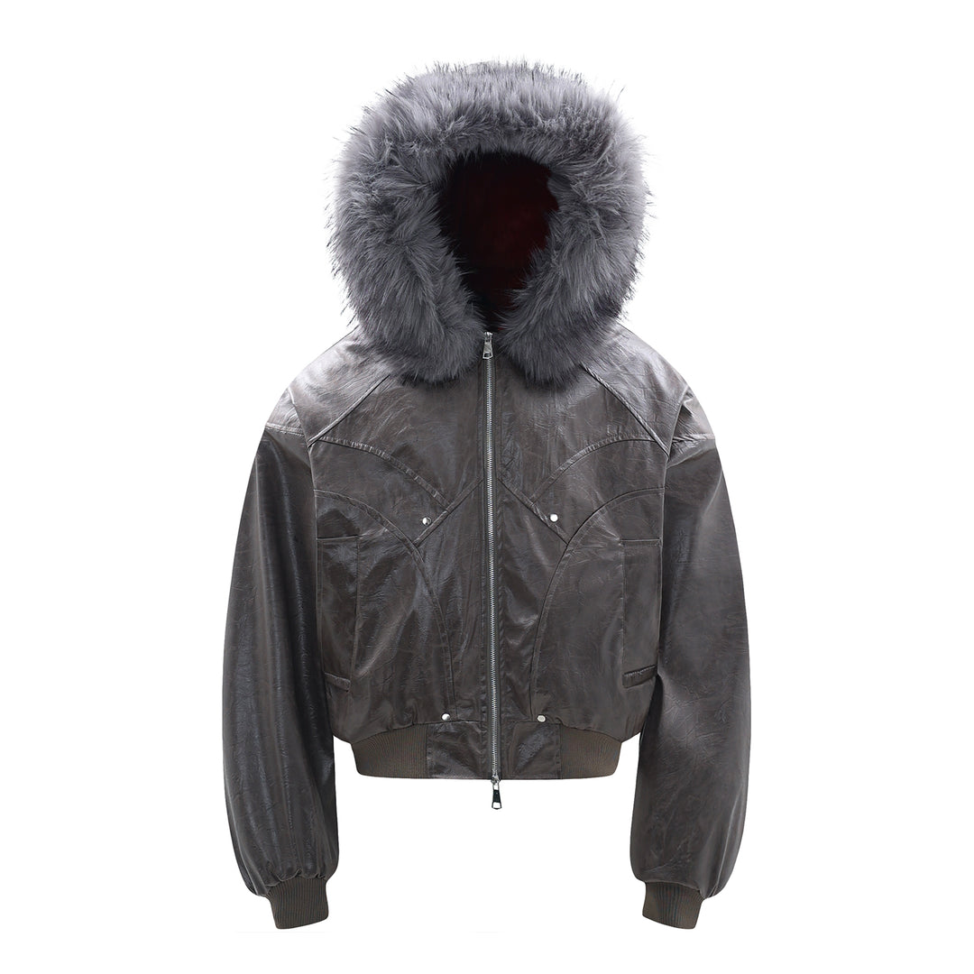 F3F Select Red Velvet Lining PU Leather Fur Hooded Bomber Jacket | Face 3 Face