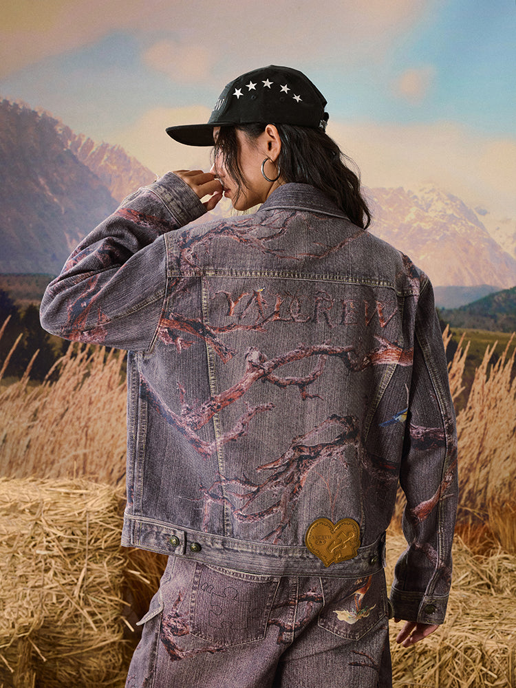 YADcrew Autumn Forest Tree Branch Print Denim Jacket | Face 3 Face