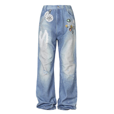 Small Town Kid 3D Printed Badge Washed Jeans | Face 3 Face