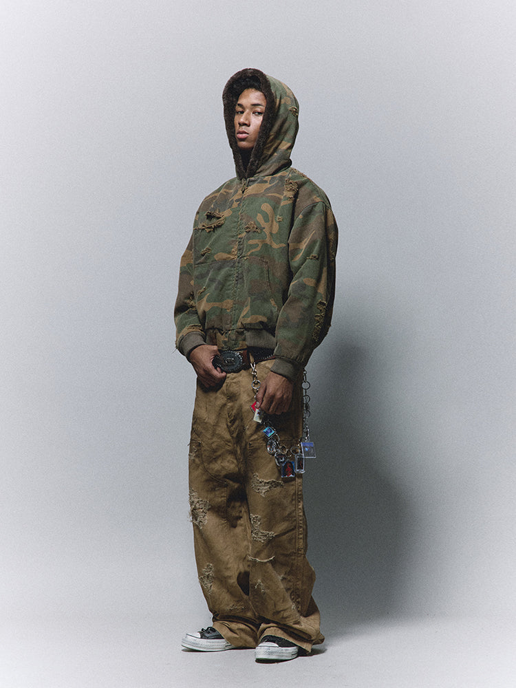 ANTIDOTE Fur Hooded Hole Washed Camouflage Jacket | Face 3 Face