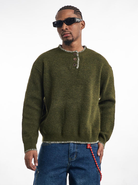 F3F Select White Stitching Henley Neck Knit Sweater | Face 3 Face