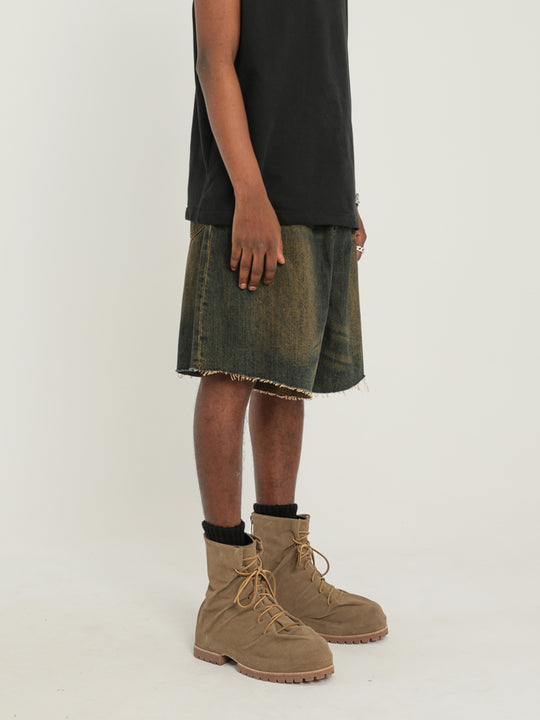 F3F Select Washed Mud Dyed Denim Baggy Shorts