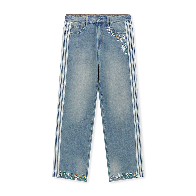 DICETINY Side Striped Floral Embroidered Washed Jeans | Face 3 Face